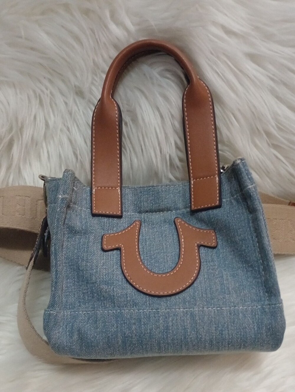 True Religion Light Blue Denim Mini Tote with Brown Leather Trim Pre-owned